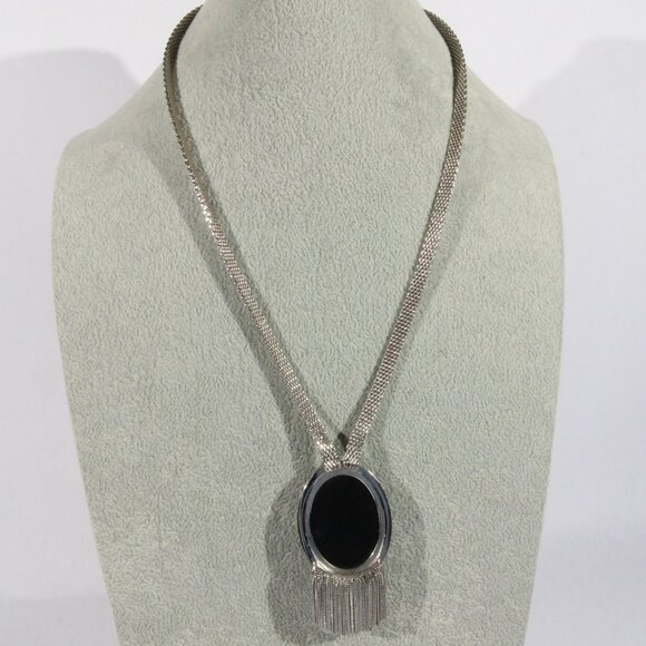 Vintage Whiting & Davis Mesh Chain Large Faux Hematite Pendant Necklace - Picture 6 of 7